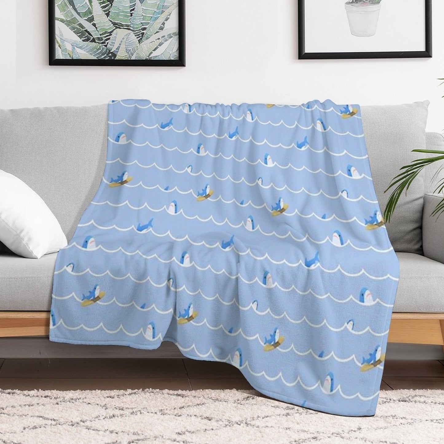 Brucie Blahaj Shark Riding The Wave Pattern Durable Throw Blanket
