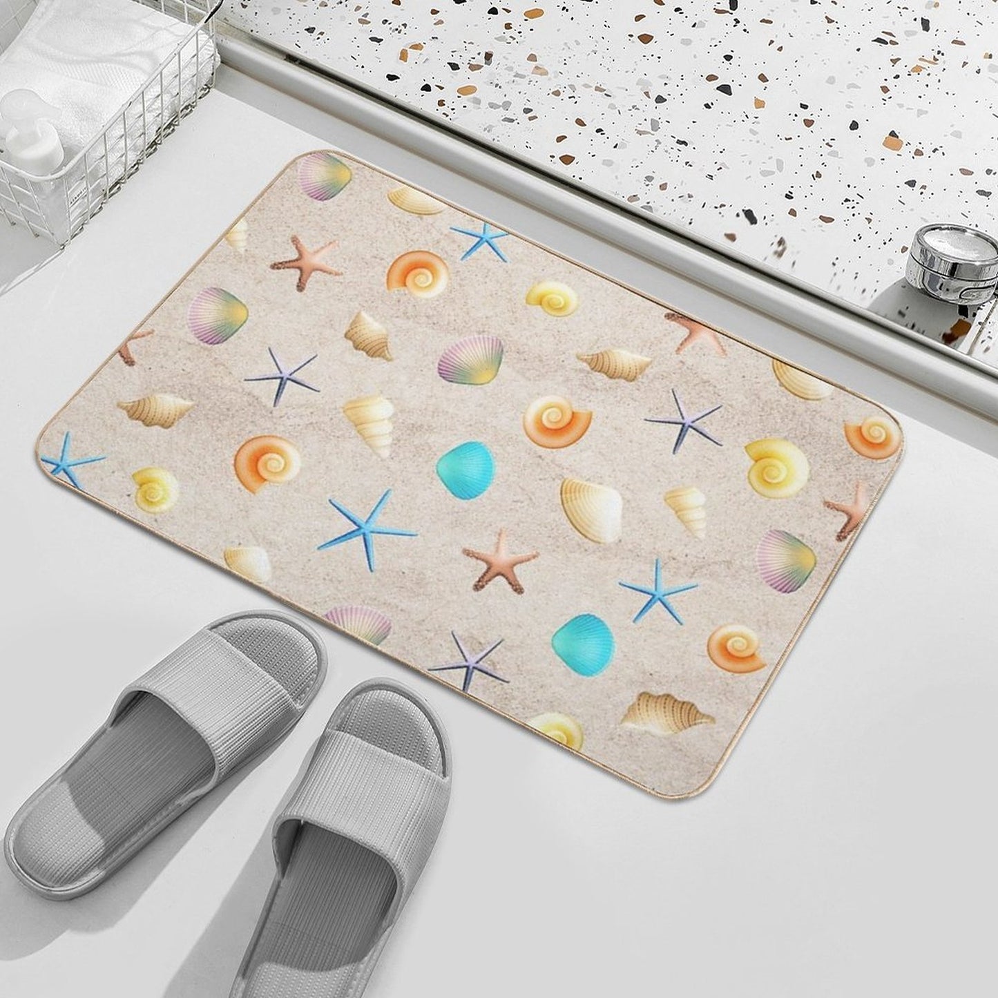 Collection of Shells on Sand And Starfish  Stain-Proof Bath Mat