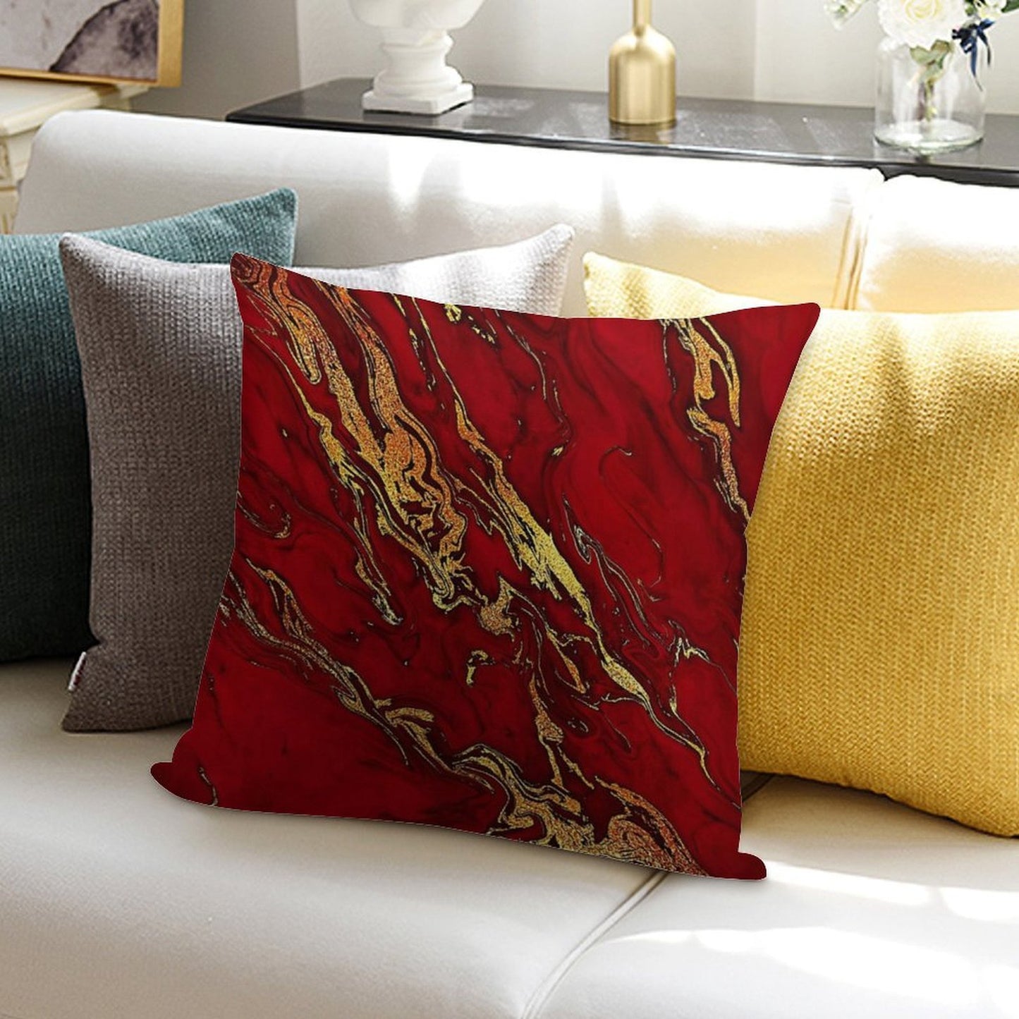 Faux Fire Red And Gold Marble Soft Ultra-Soft Texture Throw Pillow