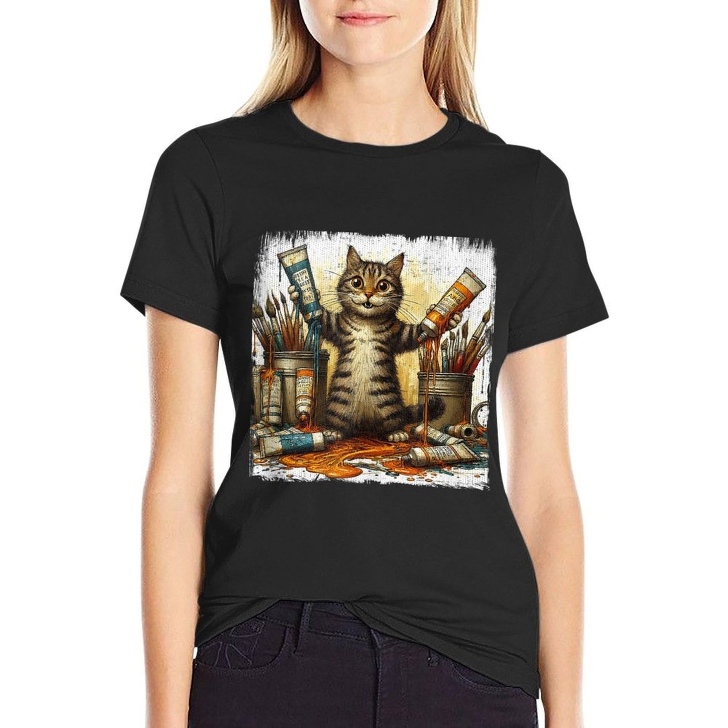 Cat And Oil Paint Design For Painters And Artists  Polyester Blend T-Shirt