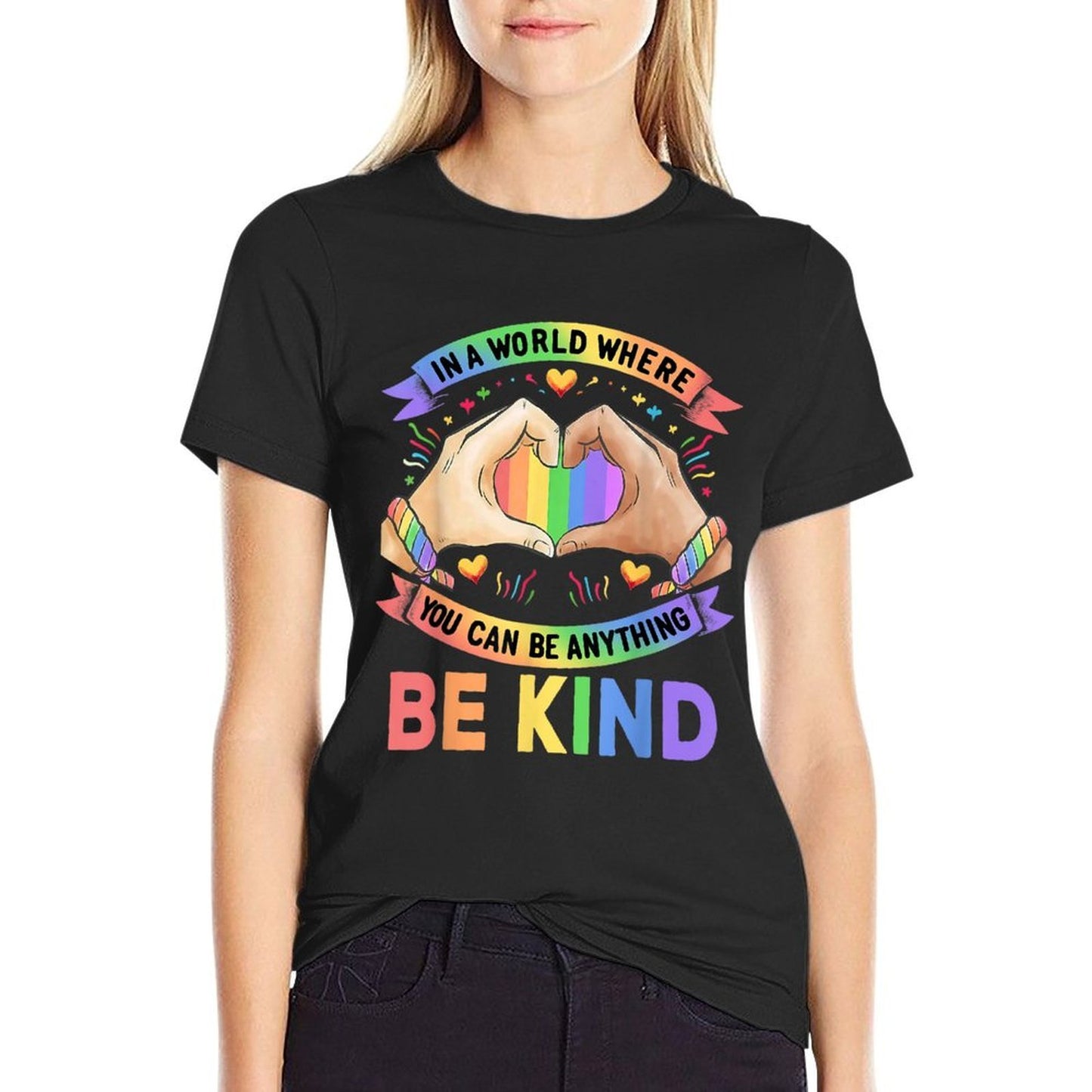 In A World Where You Can Be Anything Be Kind Gay Pride LGBT  Ribbed Collar T-Shirt