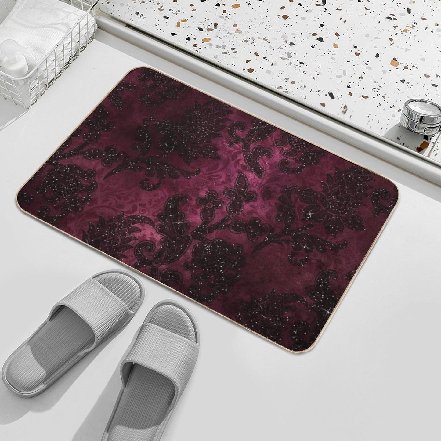 Vintage Glamour Burgundy Damask  Rapid-Drying Bath Mat