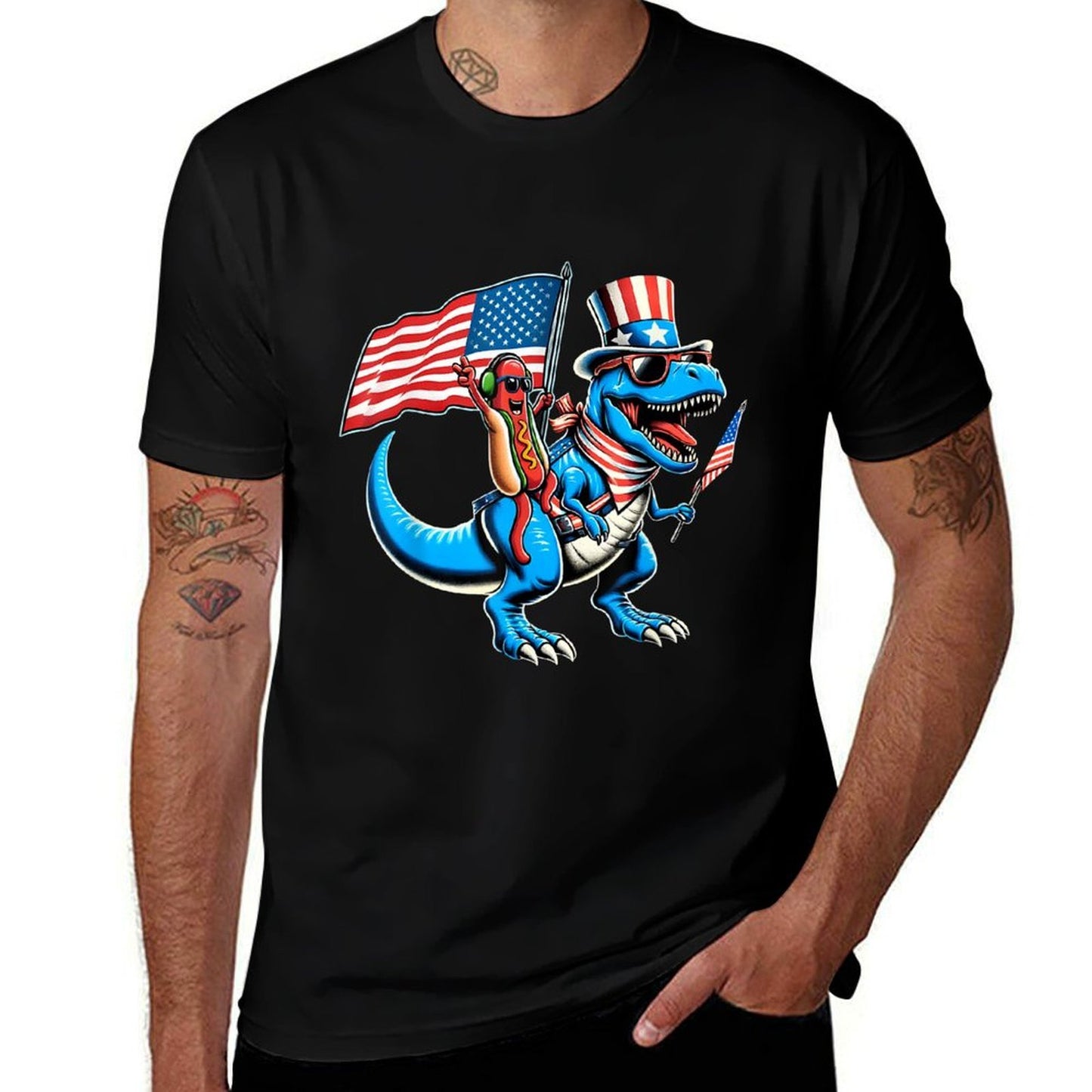 Hotdog TRex Dinosaur 4th of July Amerisaurus Toddler Boy Kid  Ribbed Collar T-Shirt