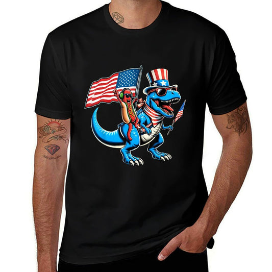 Hotdog TRex Dinosaur 4th of July Amerisaurus Toddler Boy Kid  Ribbed Collar T-Shirt