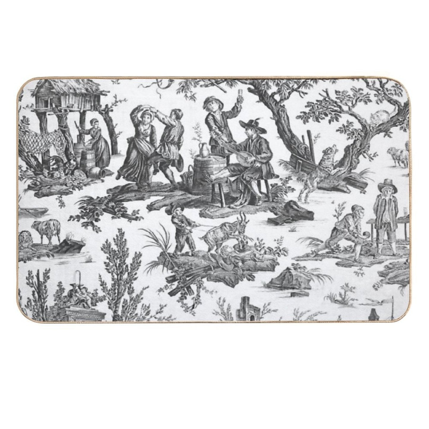 Black And White Toile De Jouy  Easy Maintenance Bath Mat