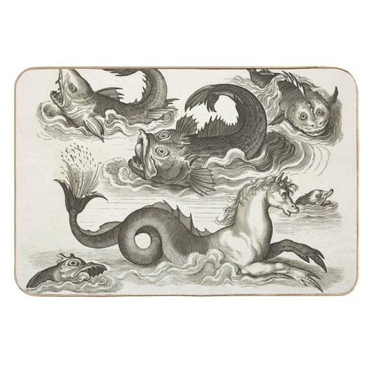 MEDIEVAL BESTIARY,Black White Fantastic Aquatic Animals And Sea Horse of Neptune  Easy Maintenance Bath Mat