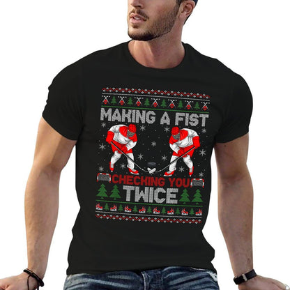 Making A Fist Checking You Twice Ugly Ice Hockey Christmas  Oversized Silhouette T-Shirt