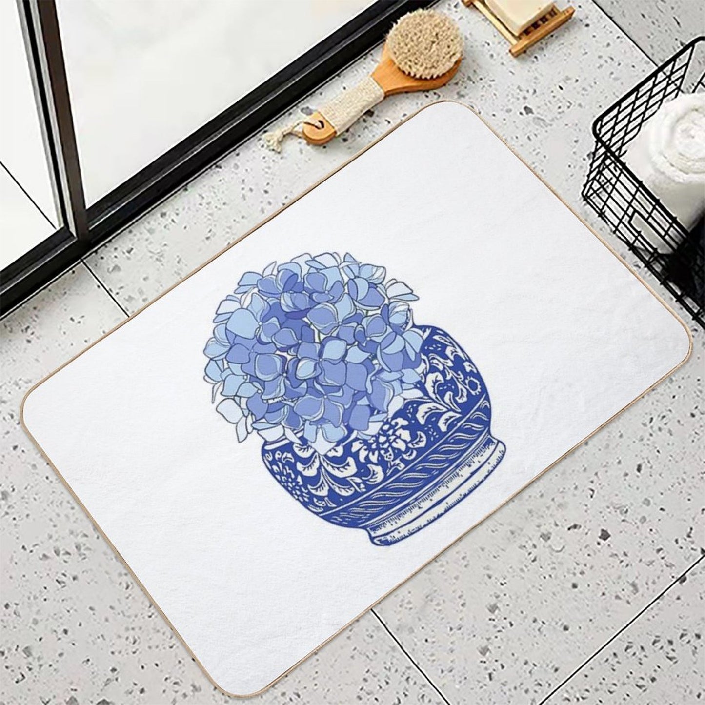 Blue And White Vase with Blue Hydrangeas  Versatile Bath Mat