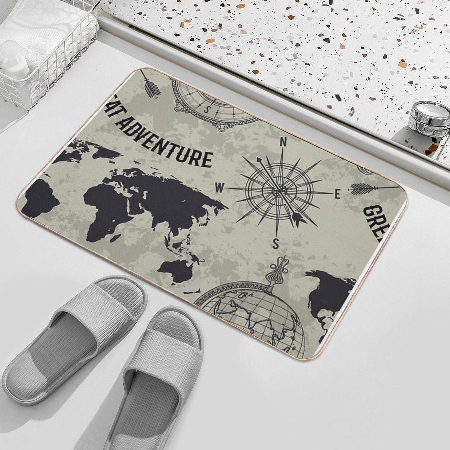 Seamless Pattern with Vintage Globe, Compass, World Map And Wind Rose. Retro Hand Drawn Vector Illustration Great Adventure in  Eco-Friendly Bath Mat