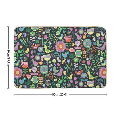 Birds And Blooms - Pastels on Black - Pretty Floral Bird Pattern by Cecca Designs  Slip-Resistant Bath Mat