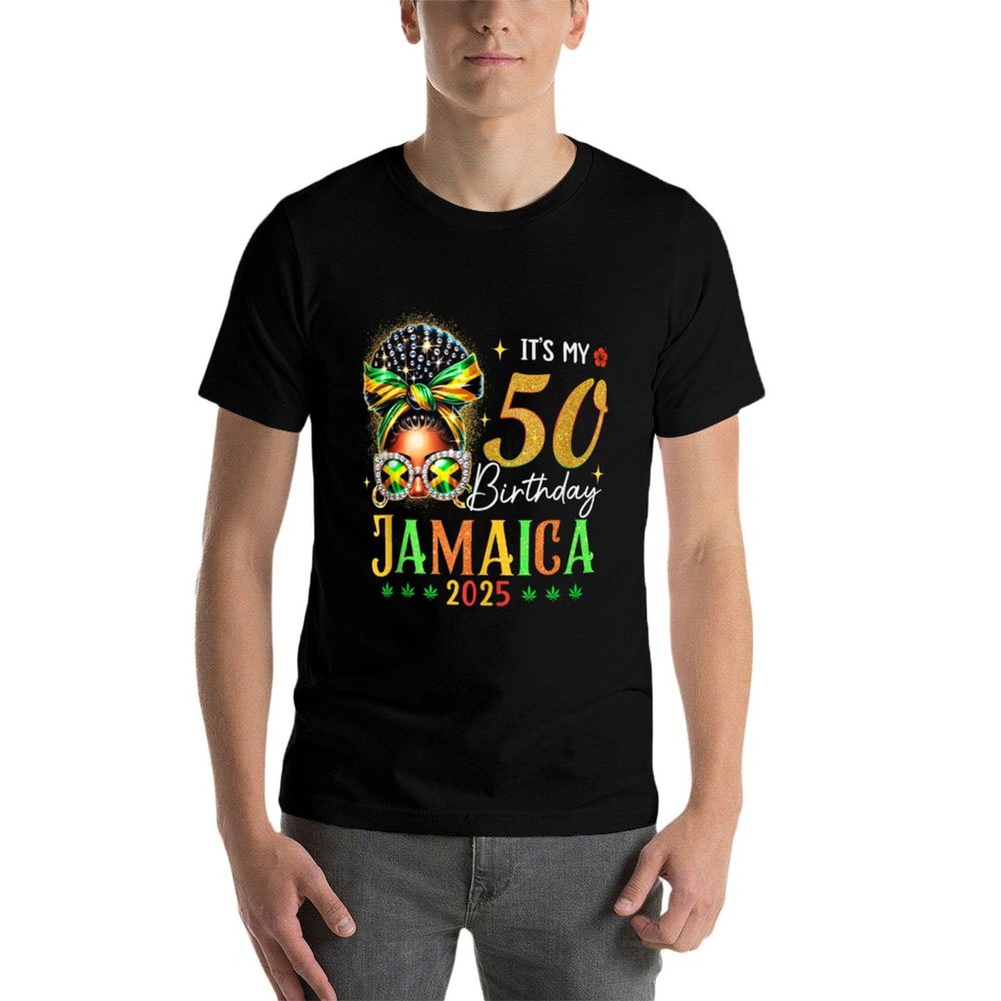 Its My 50th Birthday Party Jamaica 2025 Bow Afro Squad  Polyester Blend T-Shirt