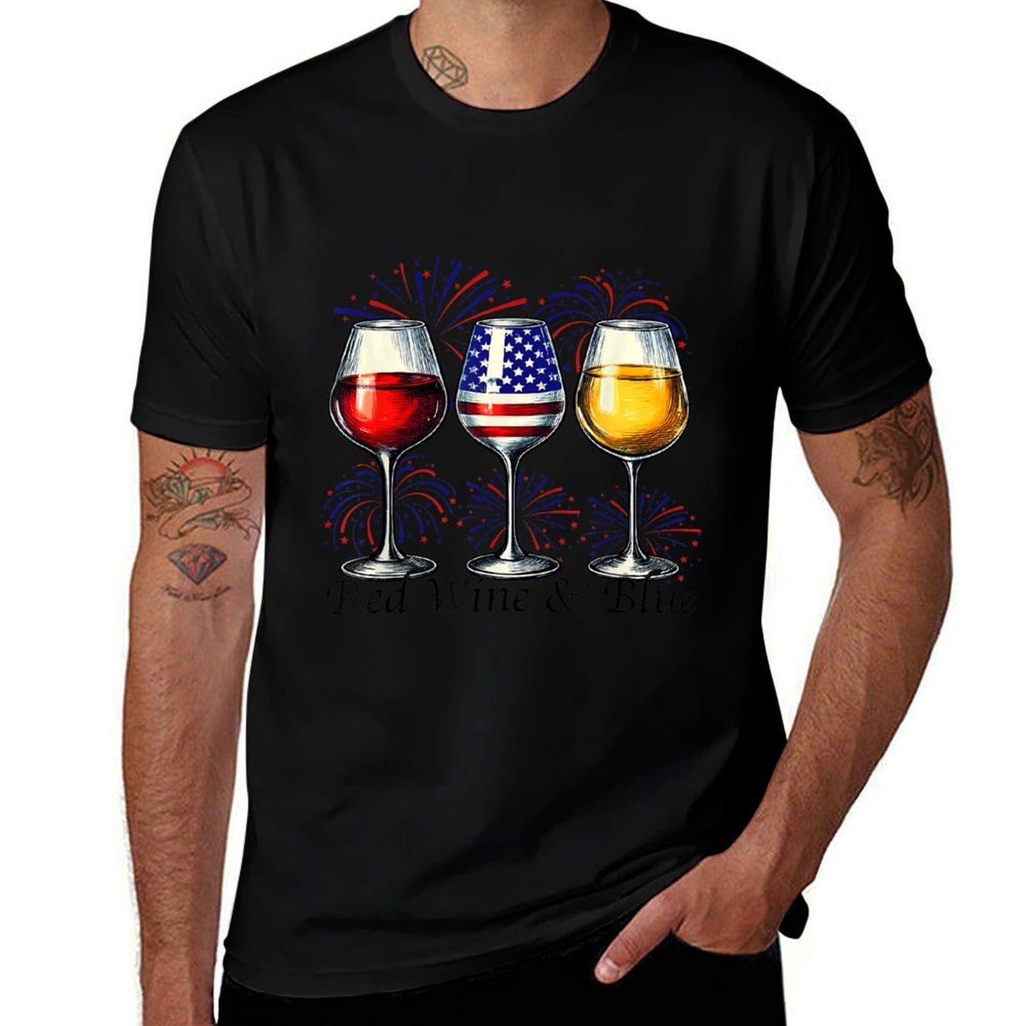 Red Wine  Blue 4th Of July Wine Glasses American USA  Slim-fit Cut T-Shirt