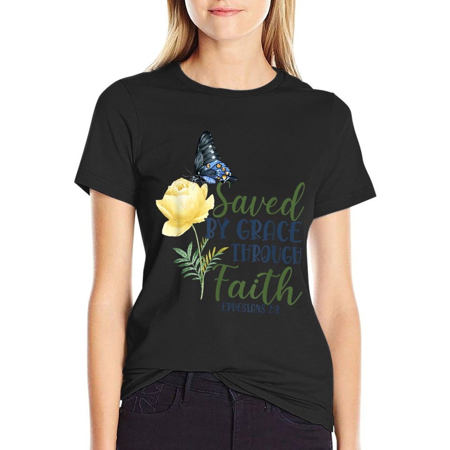 Christian Bible Verse Butterfly Rose Flower Ephesians 28  High-quality Stitching T-Shirt