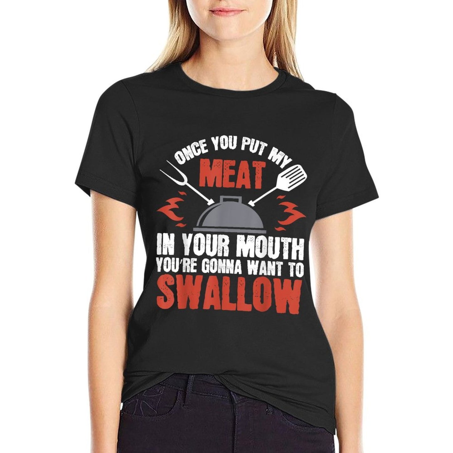 Dirty Adult Gift  Meat in Your Mouth  BBQ Joke  Oversized Silhouette T-Shirt