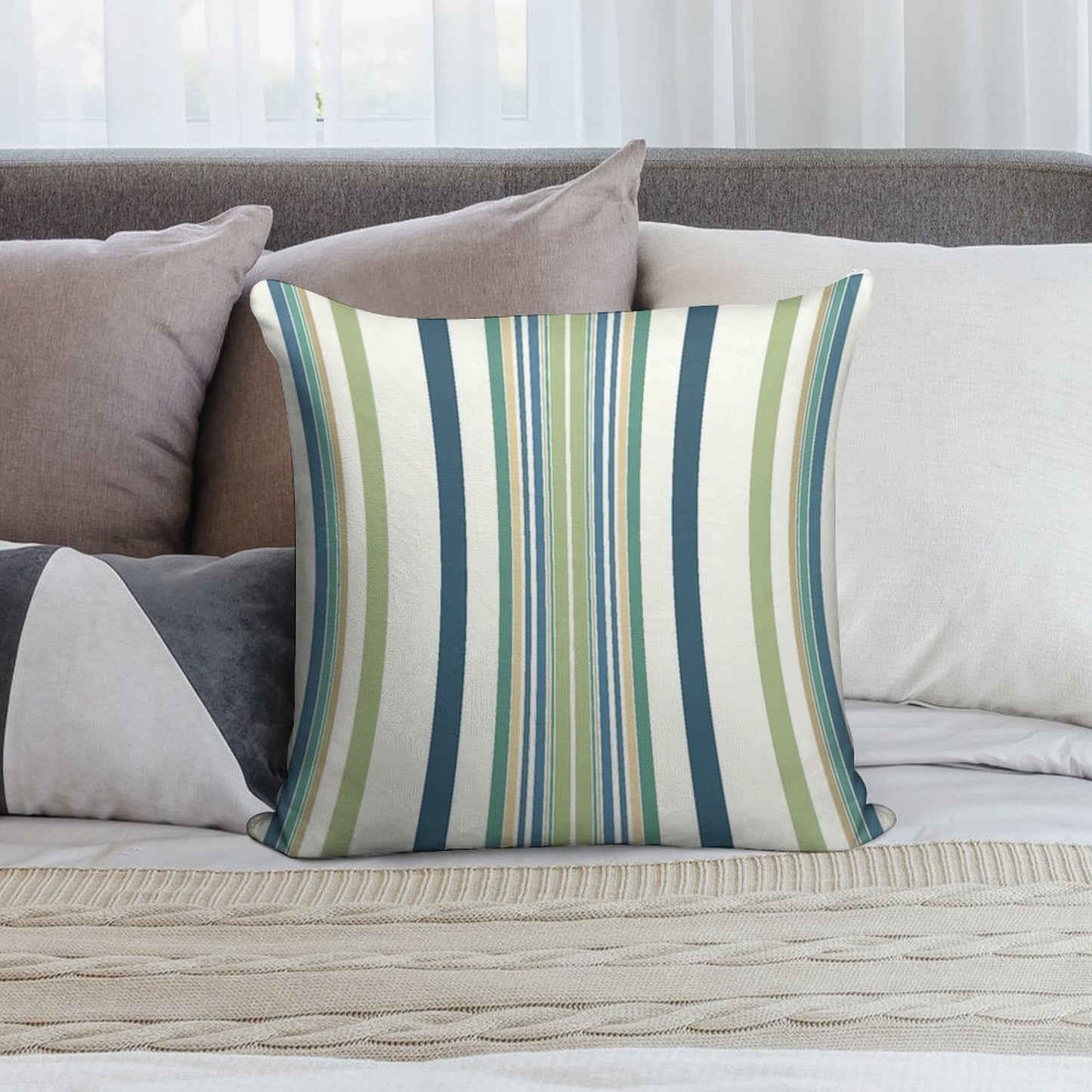 Light Green Navy Blue Stripes Soft Anti-Pilling Throw Pillow