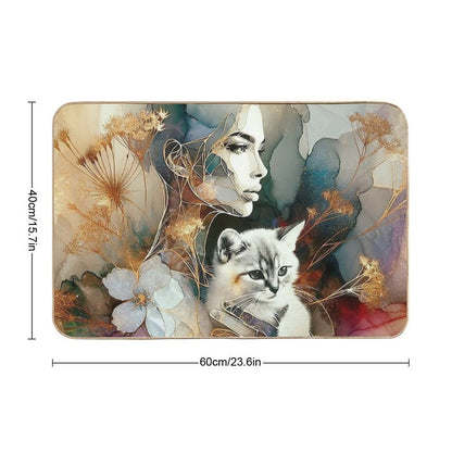 Golden Line Art Woman with Cat – Abstract Watercolor Elegance  Multi-Purpose Bath Mat
