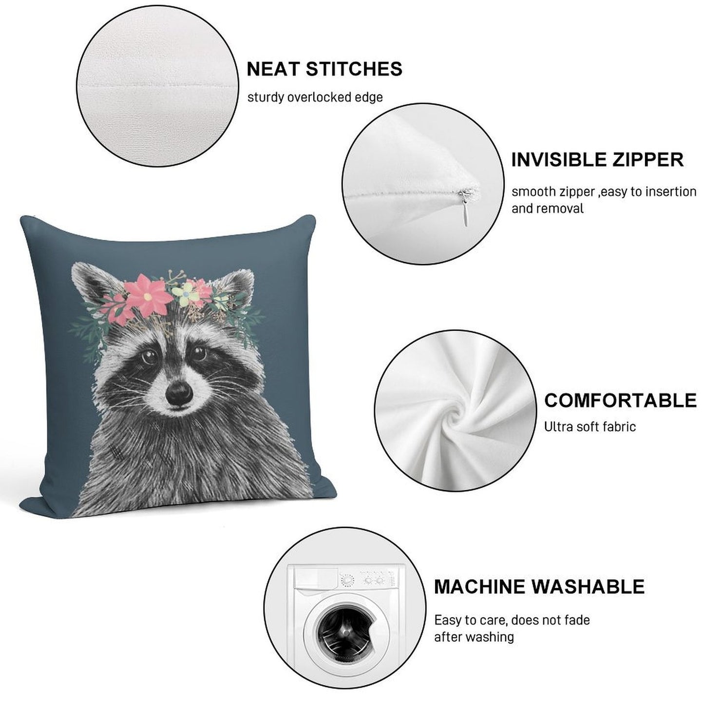 Raccoon Floral Crown Flowers Funny Cute Animal Raccoon Gift Soft Luxury Feel Throw Pillow