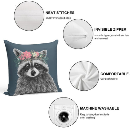 Raccoon Floral Crown Flowers Funny Cute Animal Raccoon Gift Soft Luxury Feel Throw Pillow