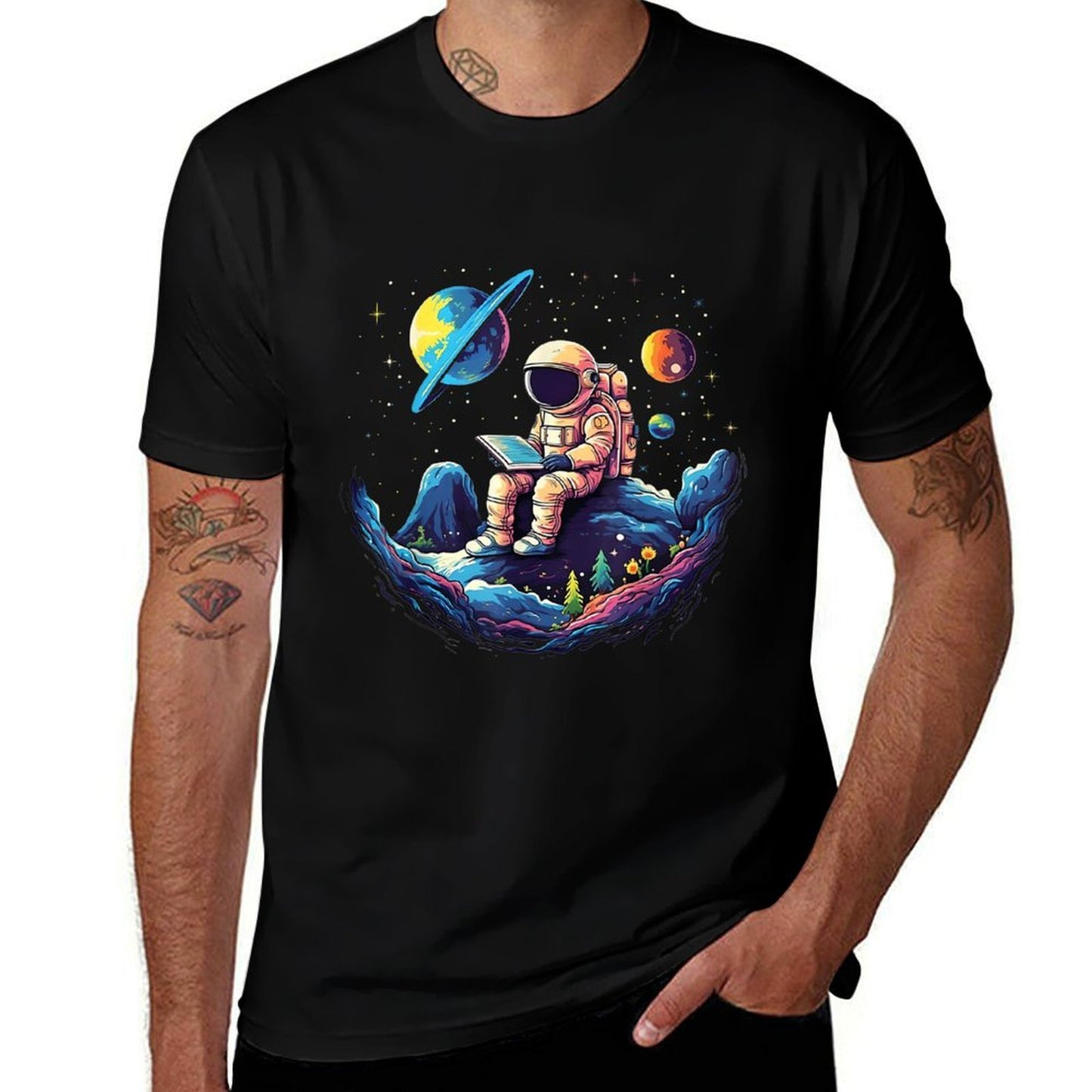 Astronaut Reading Book In Space Funny Books Lover Bookworm  High-quality Stitching T-Shirt