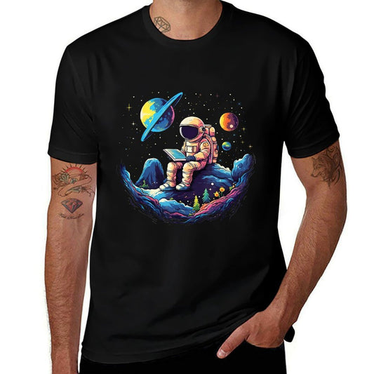 Astronaut Reading Book In Space Funny Books Lover Bookworm  High-quality Stitching T-Shirt