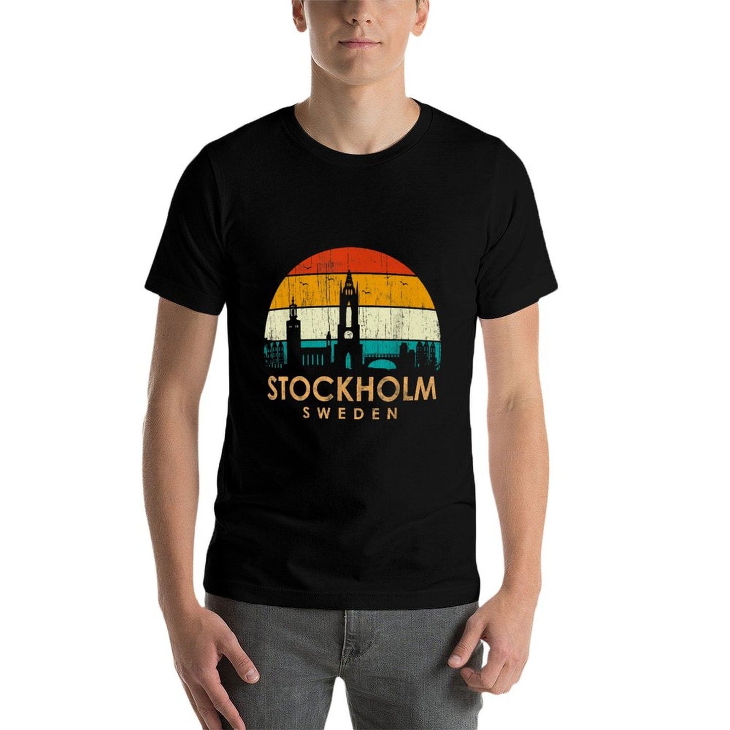 Vintage Retro Style Landscape Sun Skyline Stockholm Sweden  Vintage-inspired T-Shirt