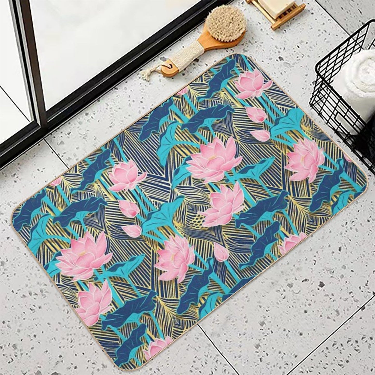 Art Deco Lotus Flowers in Pink & Navy  High-Traffic Bath Mat
