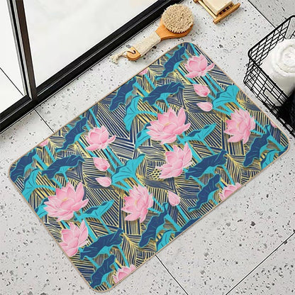 Art Deco Lotus Flowers in Pink & Navy  High-Traffic Bath Mat