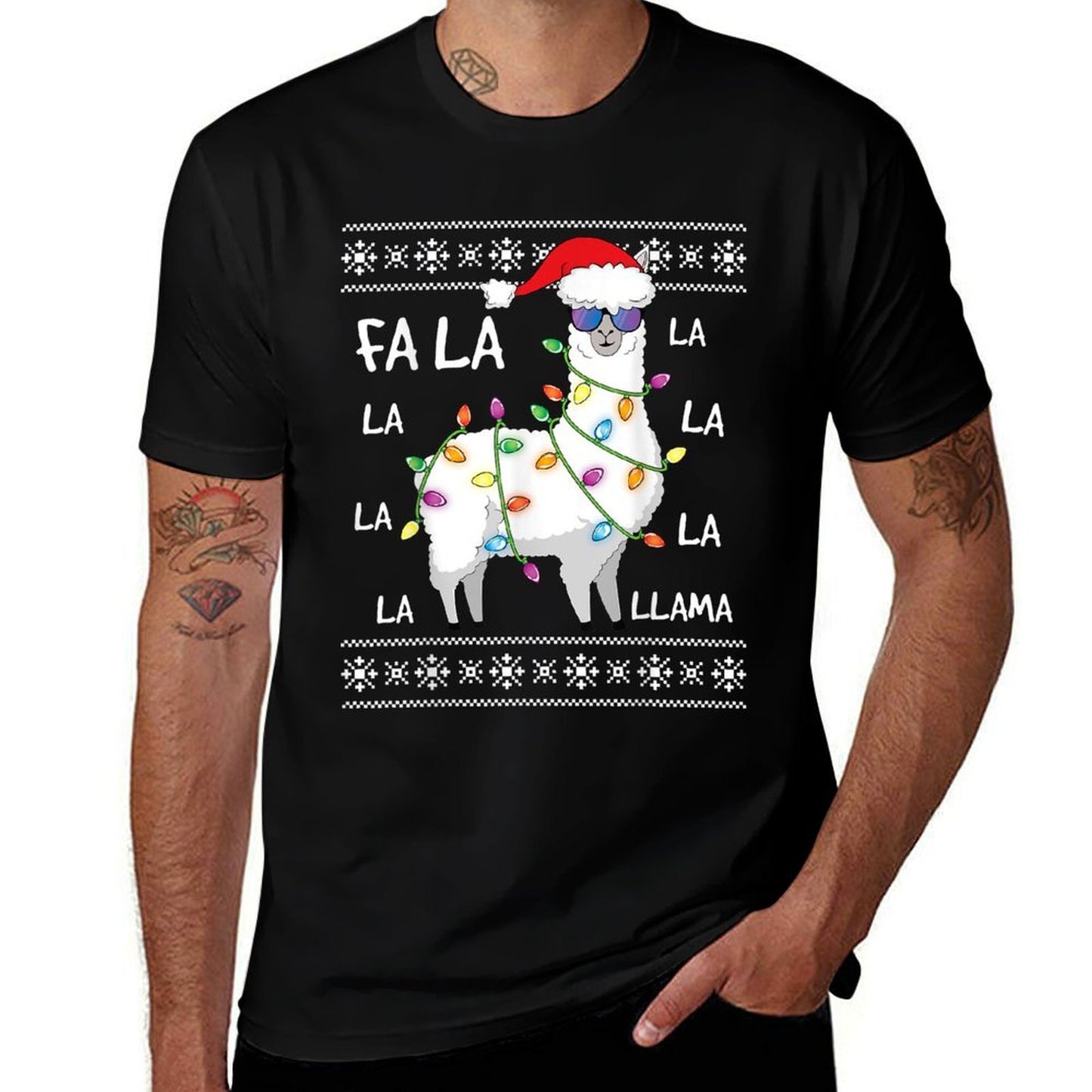 Fa La La Llama Christmas Tree Funny Ugly Christmas Sweater  Ribbed Collar T-Shirt