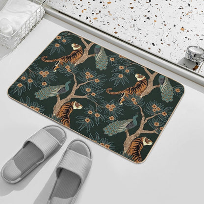 Vintage Tiger And Peacock in The Jungle  Pet-Safe Bath Mat