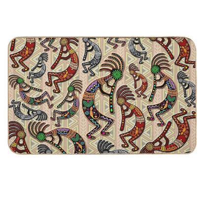 Kokopelli Rainbow Colors on Tribal Pattern  Long-Lasting Bath Mat