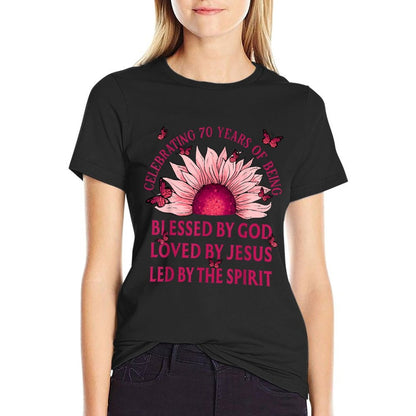 Blessed By God For 70 Years Pink Sunflower Birthday  Tagless Design T-Shirt
