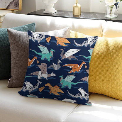 Origami Dragon Friends  Oxford Navy Blue Background Soft Luxury Feel Throw Pillow