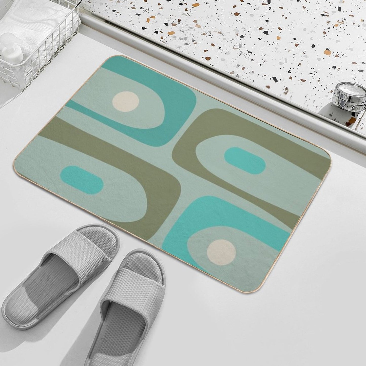 Retro Piquet Mid Mod Abstract Minimalist Pattern in Vintage Turquoise, Olive, And Ecru  Anti-Trip Bath Mat