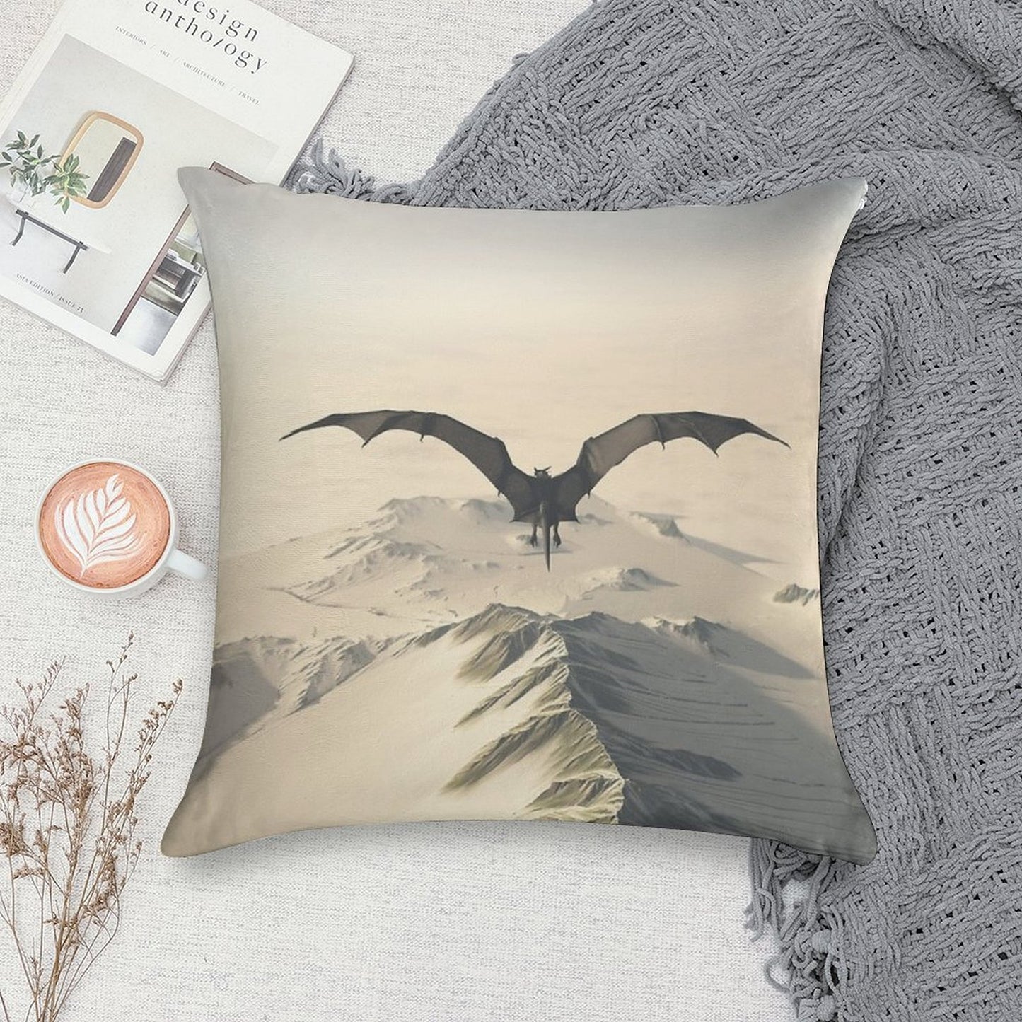 Grey Dragon Flight Over Snowy Mountains Soft Multiple Sizes Throw Pillow