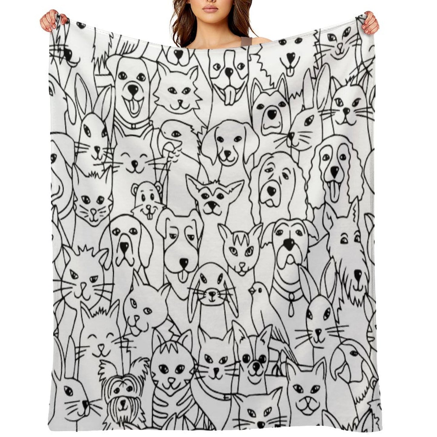 Funny Pattern with Cute Pets Dogs, Cats, Birds, Rabbits, Hamster Female Child Male Animal Lover Shrink-resistant Throw Blanket