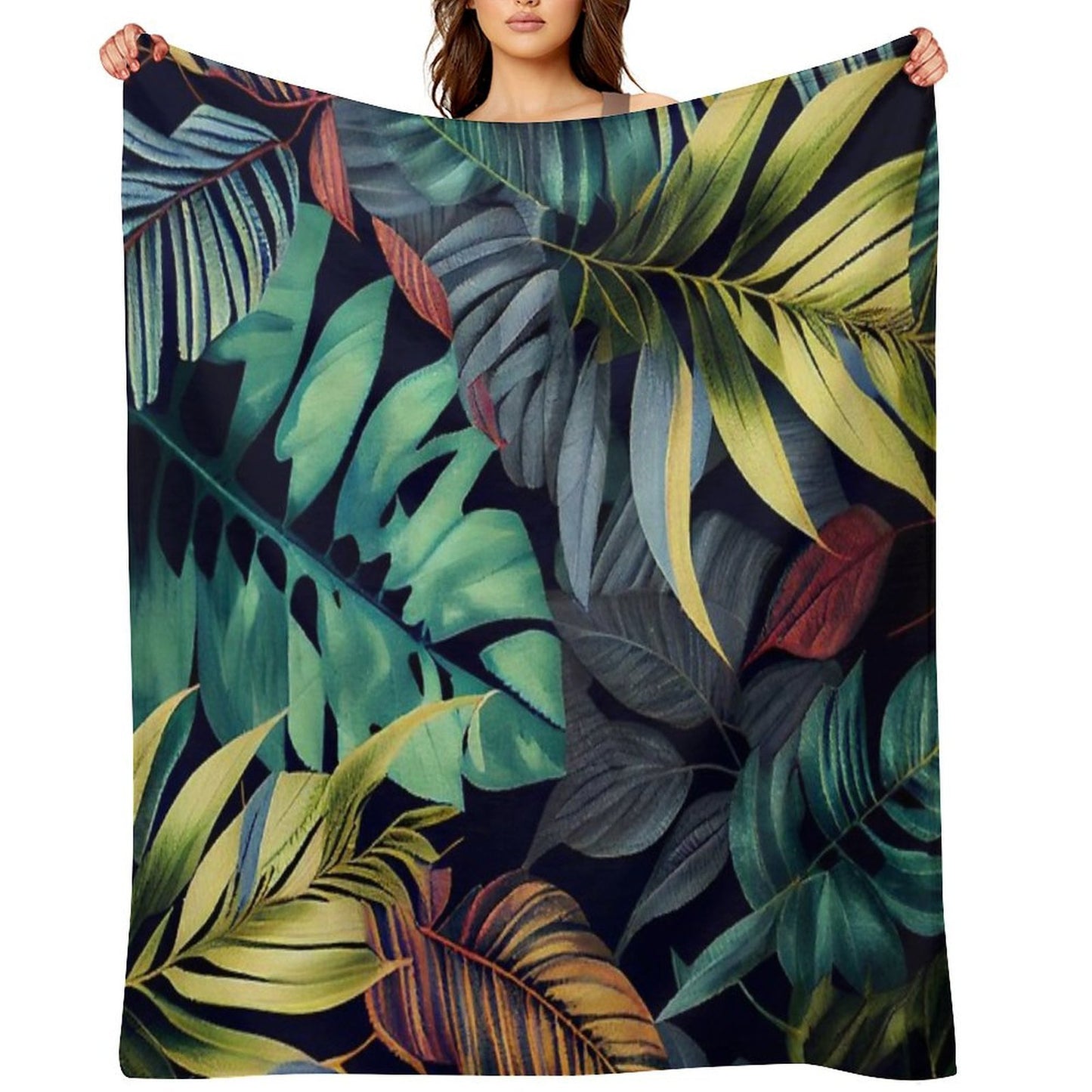 Camryn - Watercolor Leaf Leafs Abstract Painting Pattern in Green, Black, Brown, White Yellow, Blue, Cream, Light Easy Care Throw Blanket