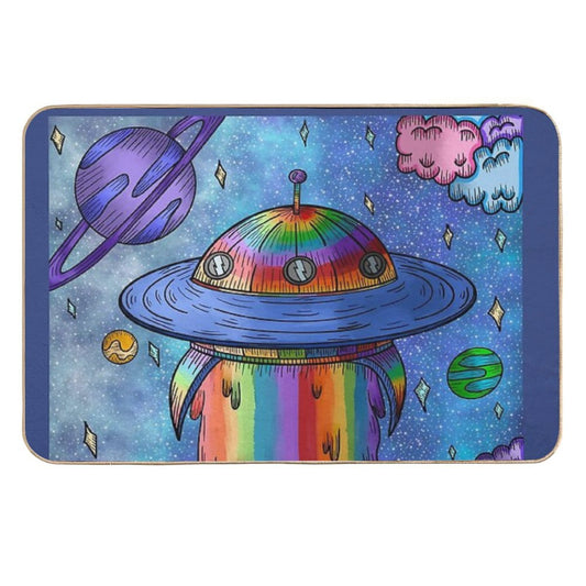 Rainbow UFO in Space  Repositionable Bath Mat