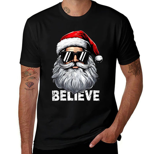 Santa Face Sunglasses Believe Christmass for Boys Mens  Rolled Sleeves T-Shirt