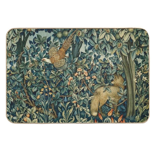 GREENERY, FOREST ANIMALS Pheasant And Fox Blue Green Floral Tapestry  Dirt-Trapping Bath Mat