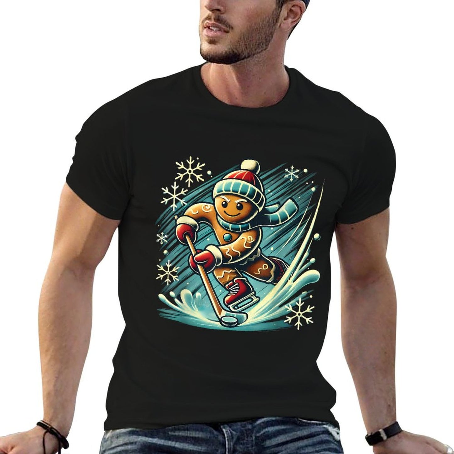 Gingerbread Playing Ice Hockey Lovers Boys Girls Christmas  Fade-proof Color T-Shirt