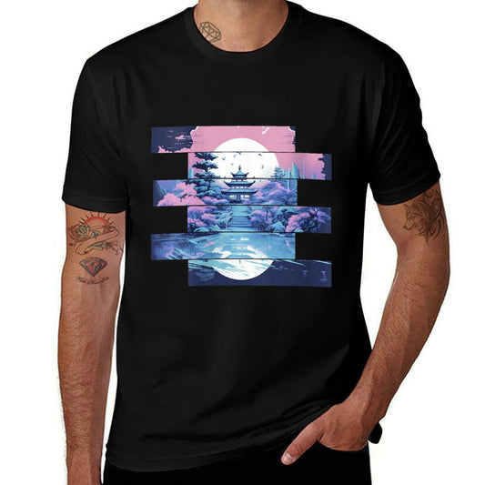 Womens Serenity in Stripes Tranquil Temple at Twilight Comfortable T-Shirt