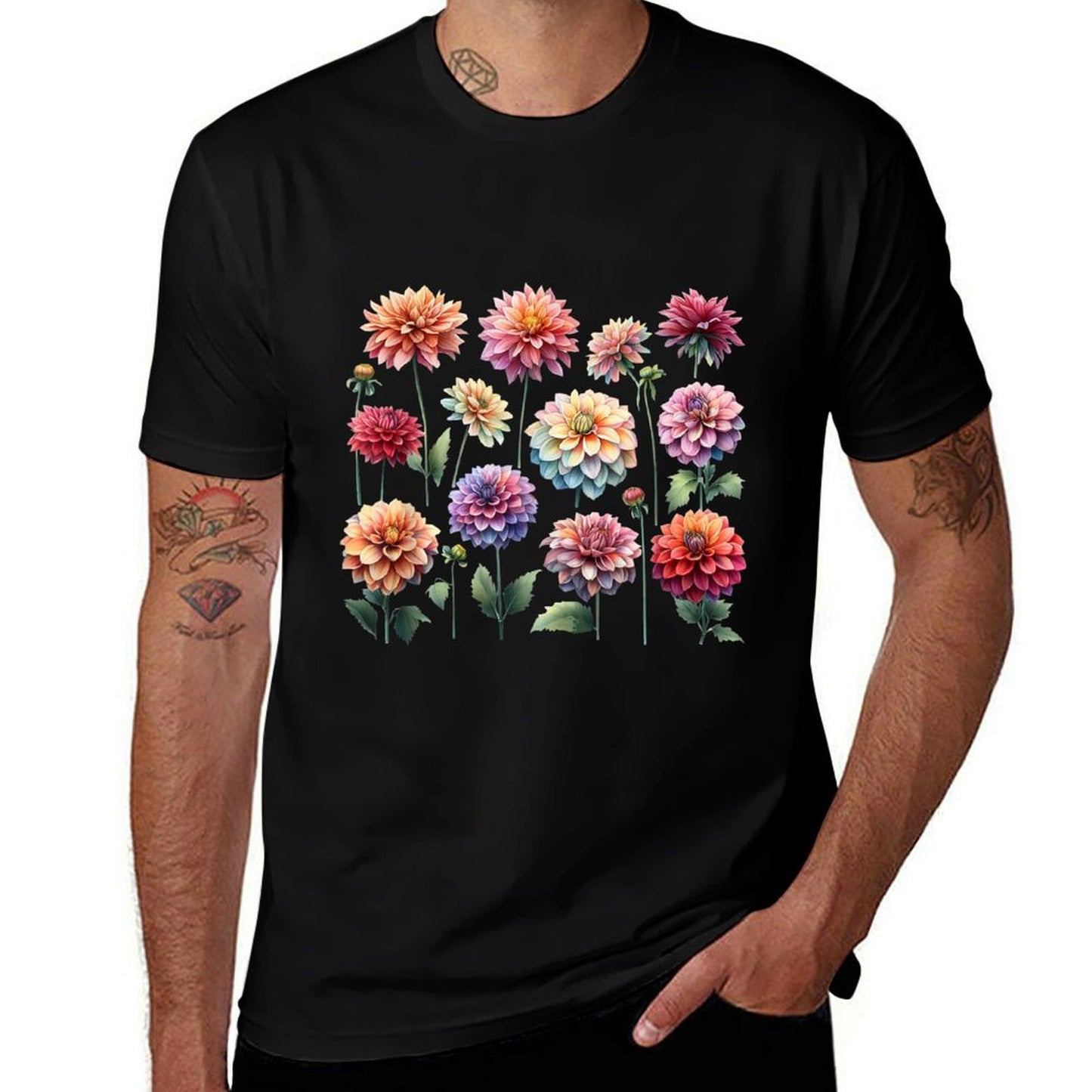 Vintage Retro Dahlia Flowers Delight Elegance in Bloom  Vintage-inspired T-Shirt