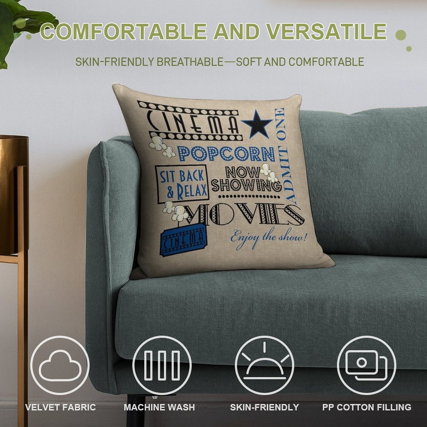 Movie Theater Cinema Admit One Ticket Pillow-Blue Soft Skin-Friendly Throw Pillow