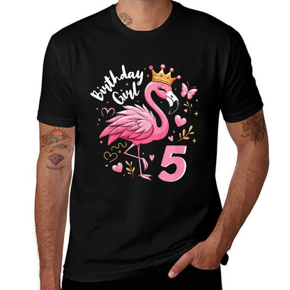 Kids 5th Birthday Gift Flamingo Fan 5 Year Old Girls 5th Bday  Oversized Silhouette T-Shirt