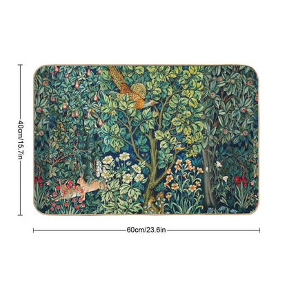 GREENERY,FOREST ANIMALS Pheasant on Tree,Squirrel,Hares,Blue Green Floral Tapestry  Easy To Clean Bath Mat