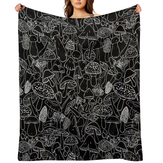 All The Mushrooms on Black Compact Throw Blanket