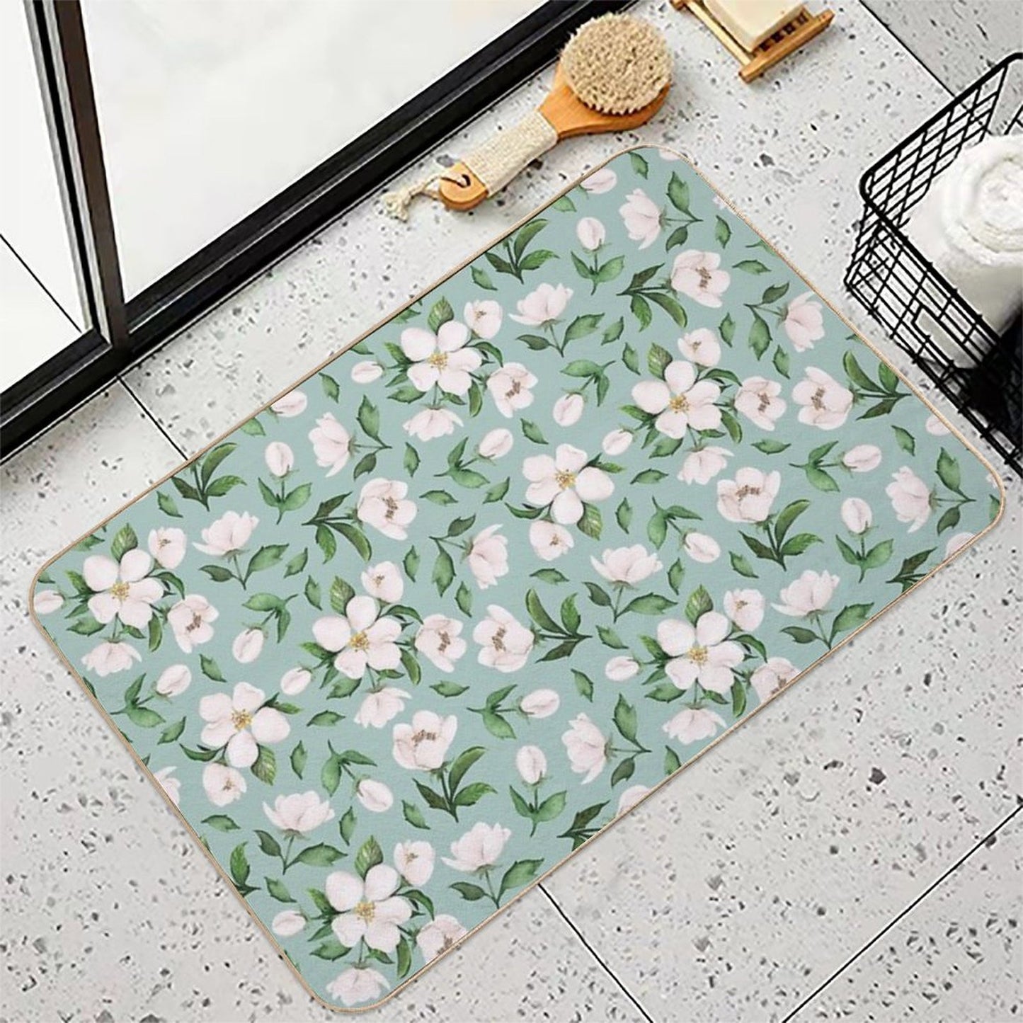 White Flowers  Fade-Resistant Bath Mat