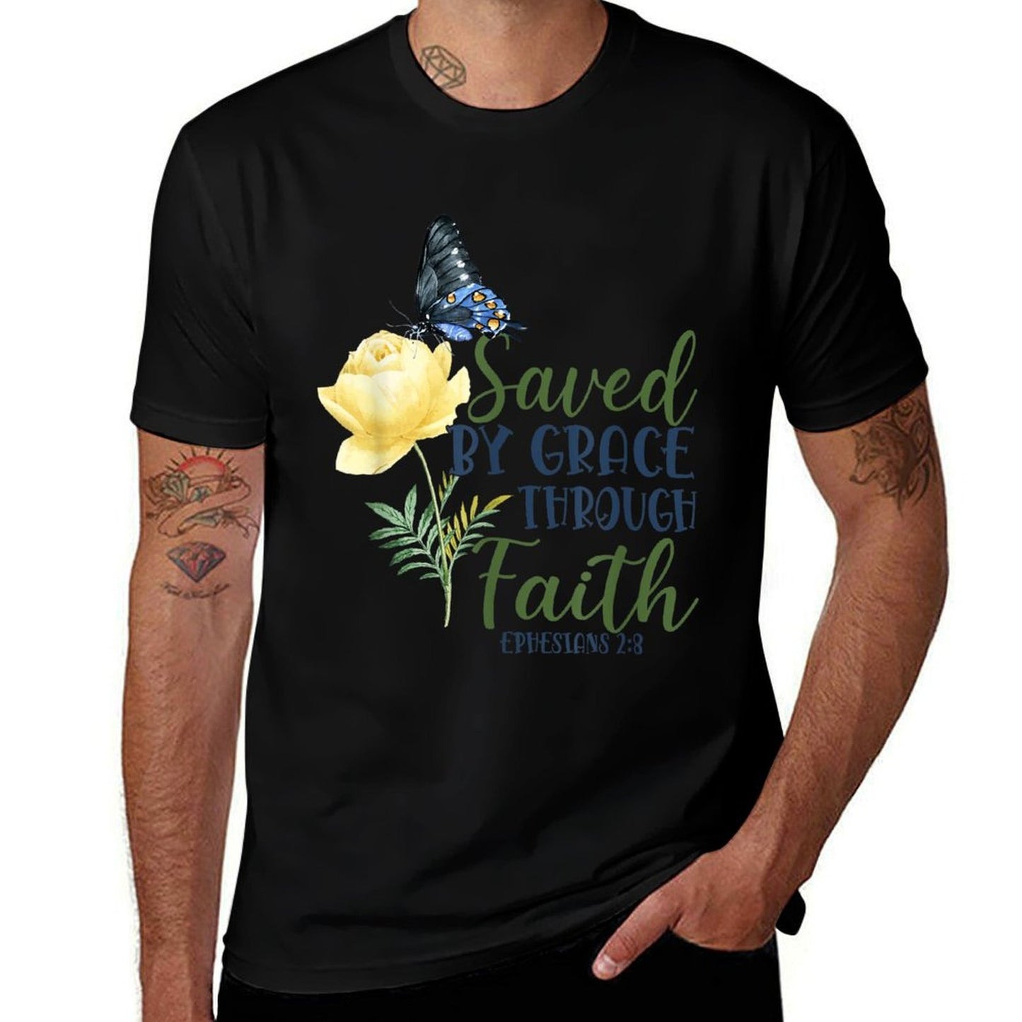 Christian Bible Verse Butterfly Rose Flower Ephesians 28  High-quality Stitching T-Shirt