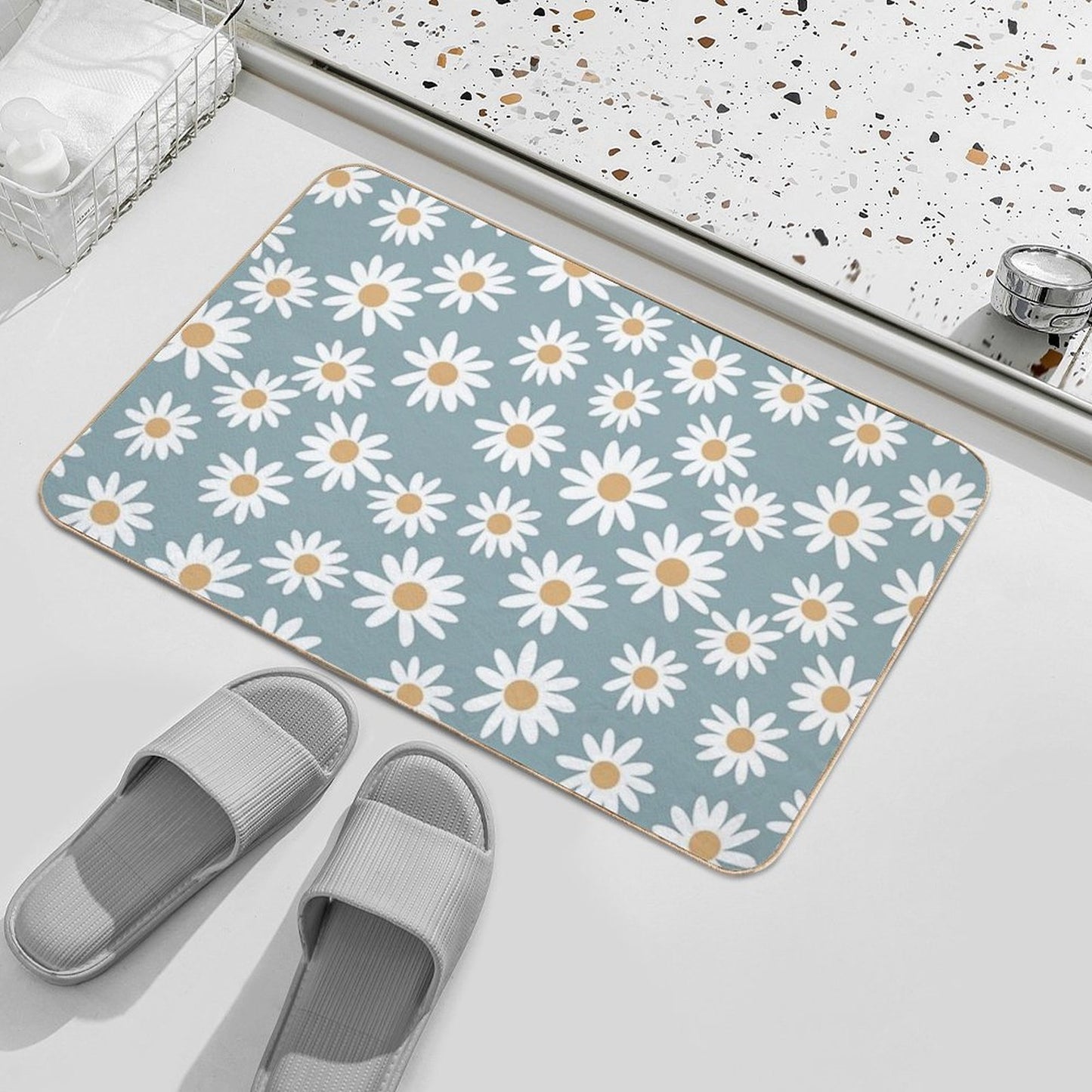 Blue Daisies - Daisy Pattern, Floral, Florals, Flower, Retro, Vintage, 70s, Camel, Brown, Rust, Earthy, Terracotta  Slip-Resistant Bath Mat