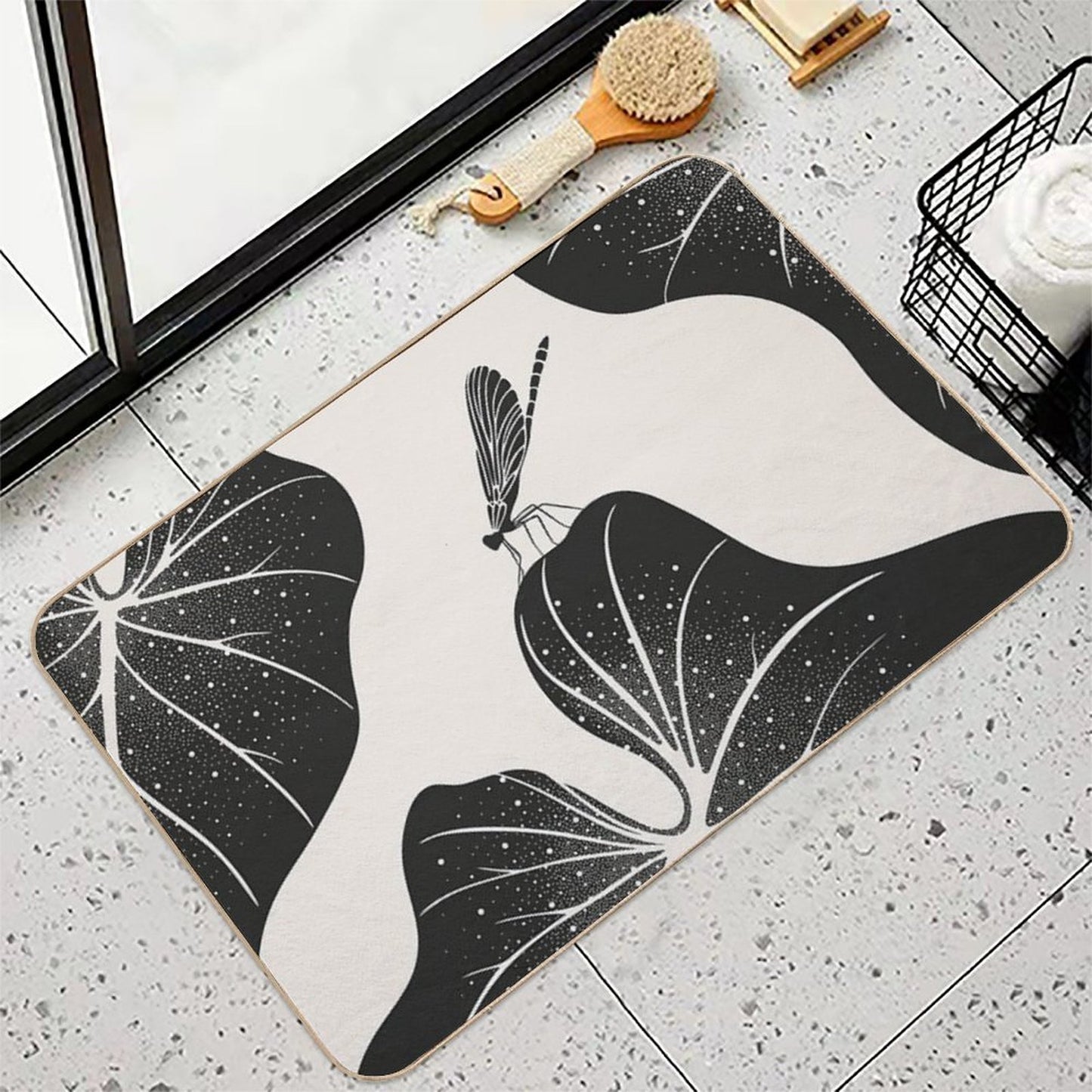 Dragonfly on Leaf with Water Drops, Minimalist Illustration  Easy Maintenance Bath Mat